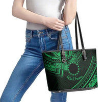 Kia Orana Cook Islands Leather Tote Bag Circle Stars With Floral Green Pattern LT01 - Polynesian Pride