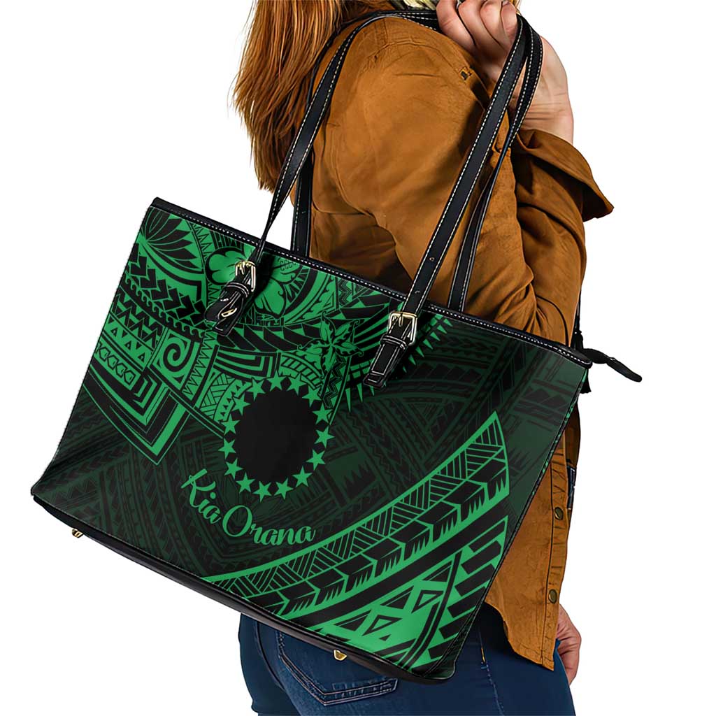 Kia Orana Cook Islands Leather Tote Bag Circle Stars With Floral Green Pattern LT01 - Polynesian Pride
