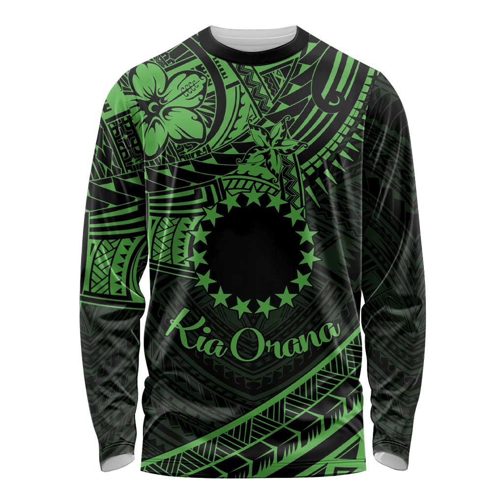 Kia Orana Cook Islands Long Sleeve Shirt Circle Stars With Floral Green Pattern LT01