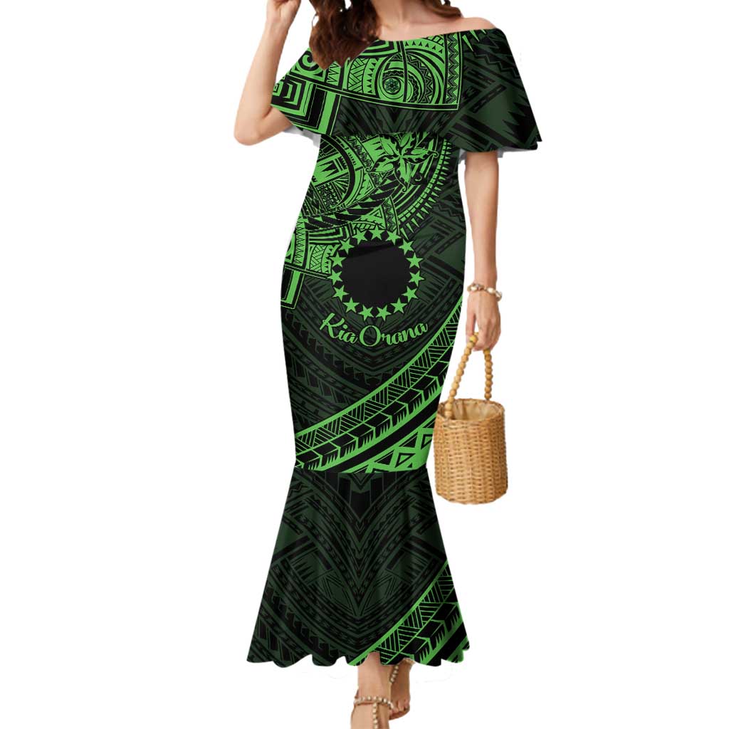 Kia Orana Cook Islands Mermaid Dress Circle Stars With Floral Green Pattern LT01