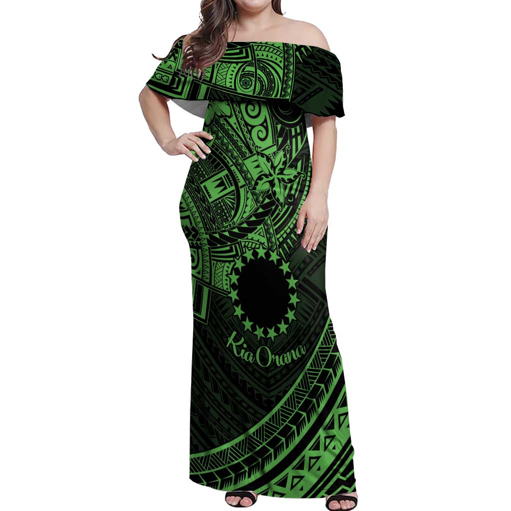 Kia Orana Cook Islands Off Shoulder Maxi Dress Circle Stars With Floral Green Pattern LT01 Women Green - Polynesian Pride