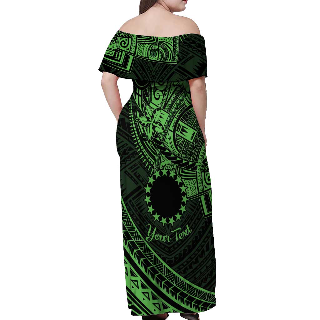Kia Orana Cook Islands Off Shoulder Maxi Dress Circle Stars With Floral Green Pattern LT01 - Polynesian Pride