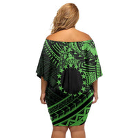 Kia Orana Cook Islands Off Shoulder Short Dress Circle Stars With Floral Green Pattern LT01 - Polynesian Pride