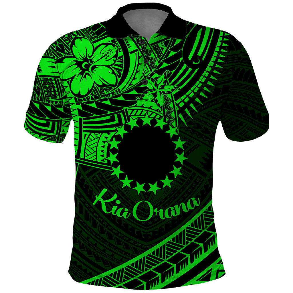 Kia Orana Cook Islands Polo Shirt Circle Stars With Floral Green Pattern LT01 Green - Polynesian Pride