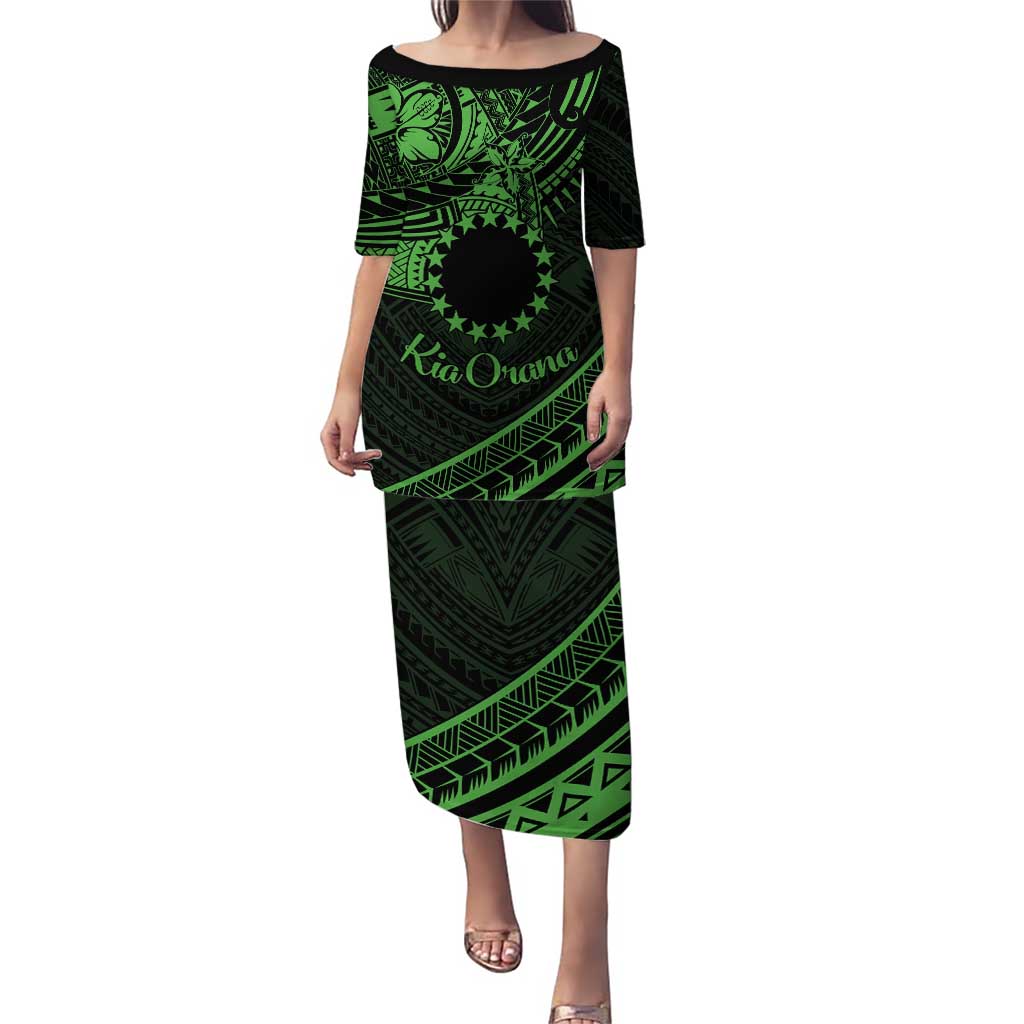 Kia Orana Cook Islands Puletasi Circle Stars With Floral Green Pattern LT01 Long Dress Green - Polynesian Pride