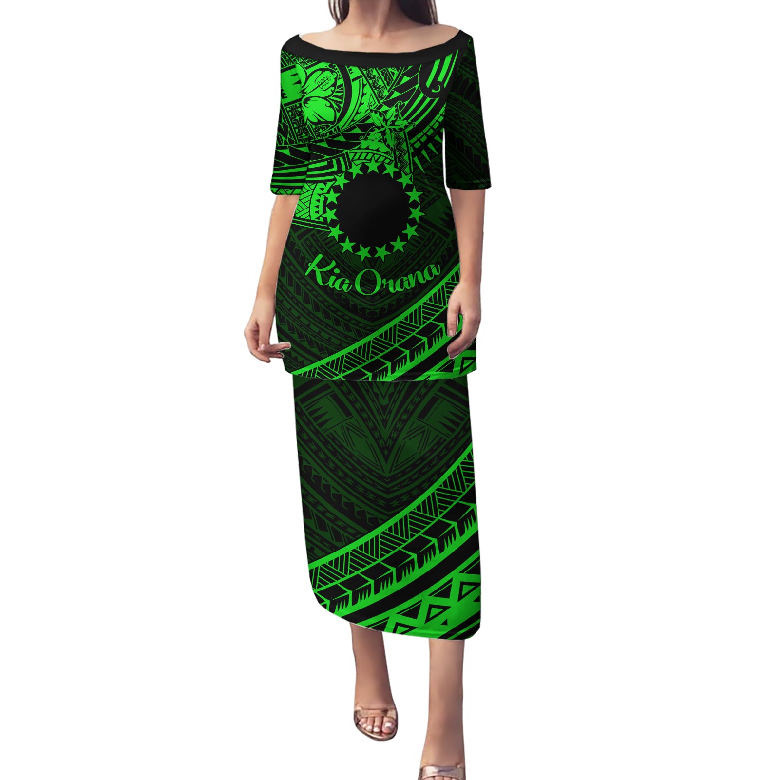 Kia Orana Cook Islands Puletasi Circle Stars With Floral Green Pattern LT01 Long Dress Green - Polynesian Pride