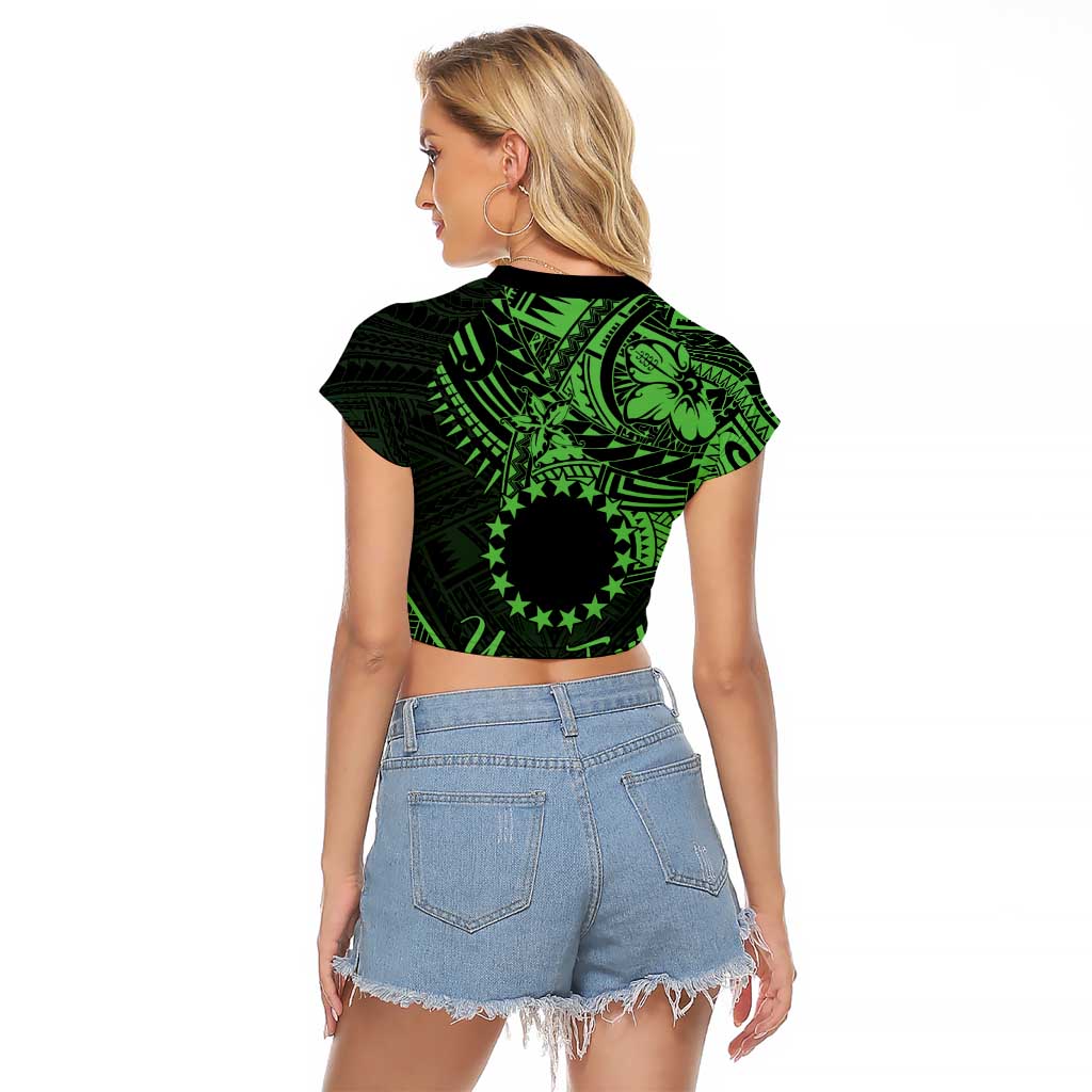 Kia Orana Cook Islands Raglan Cropped T Shirt Circle Stars With Floral Green Pattern LT01