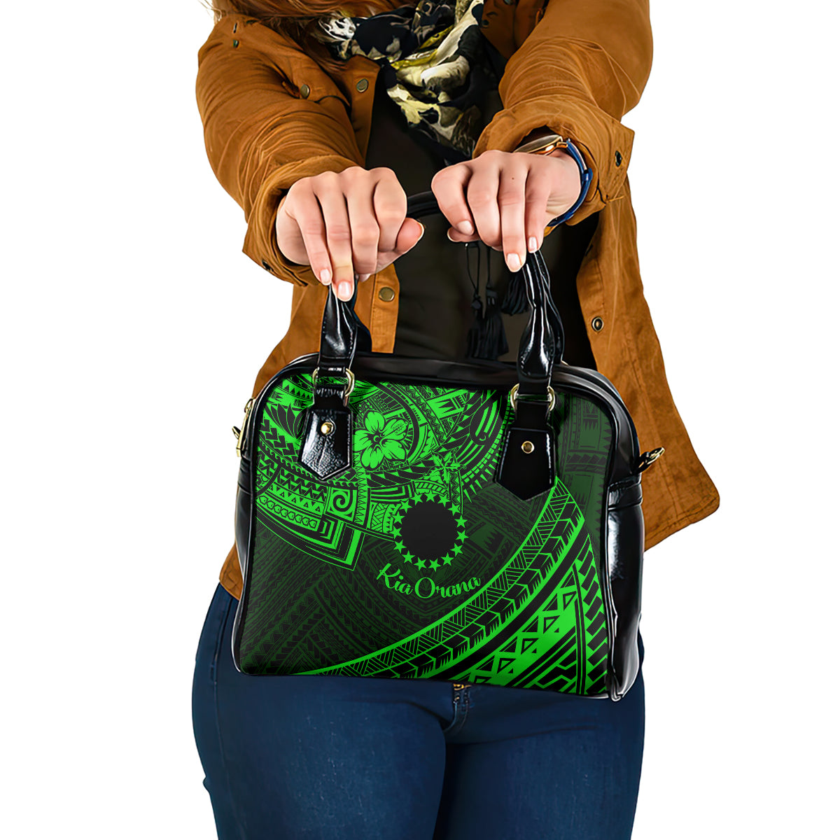 Kia Orana Cook Islands Shoulder Handbag Circle Stars With Floral Green Pattern LT01 One Size Green - Polynesian Pride