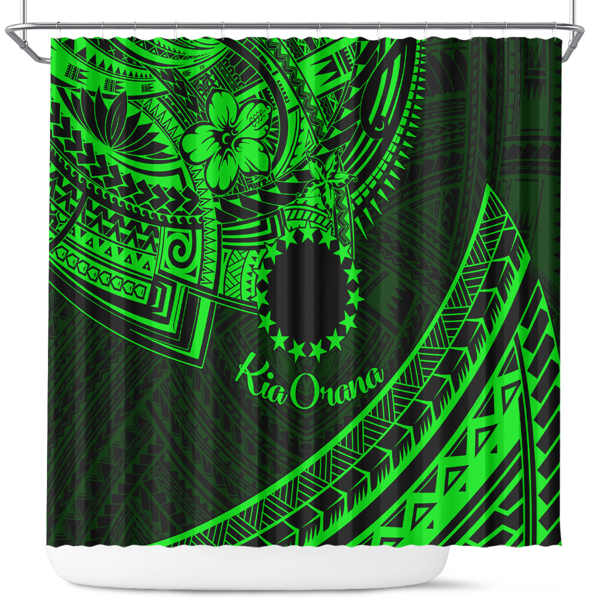 Kia Orana Cook Islands Shower Curtain Circle Stars With Floral Green Pattern LT01 Green - Polynesian Pride