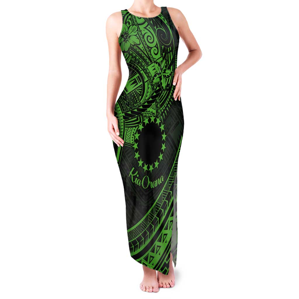 Kia Orana Cook Islands Tank Maxi Dress Circle Stars With Floral Green Pattern LT01 Women Green - Polynesian Pride