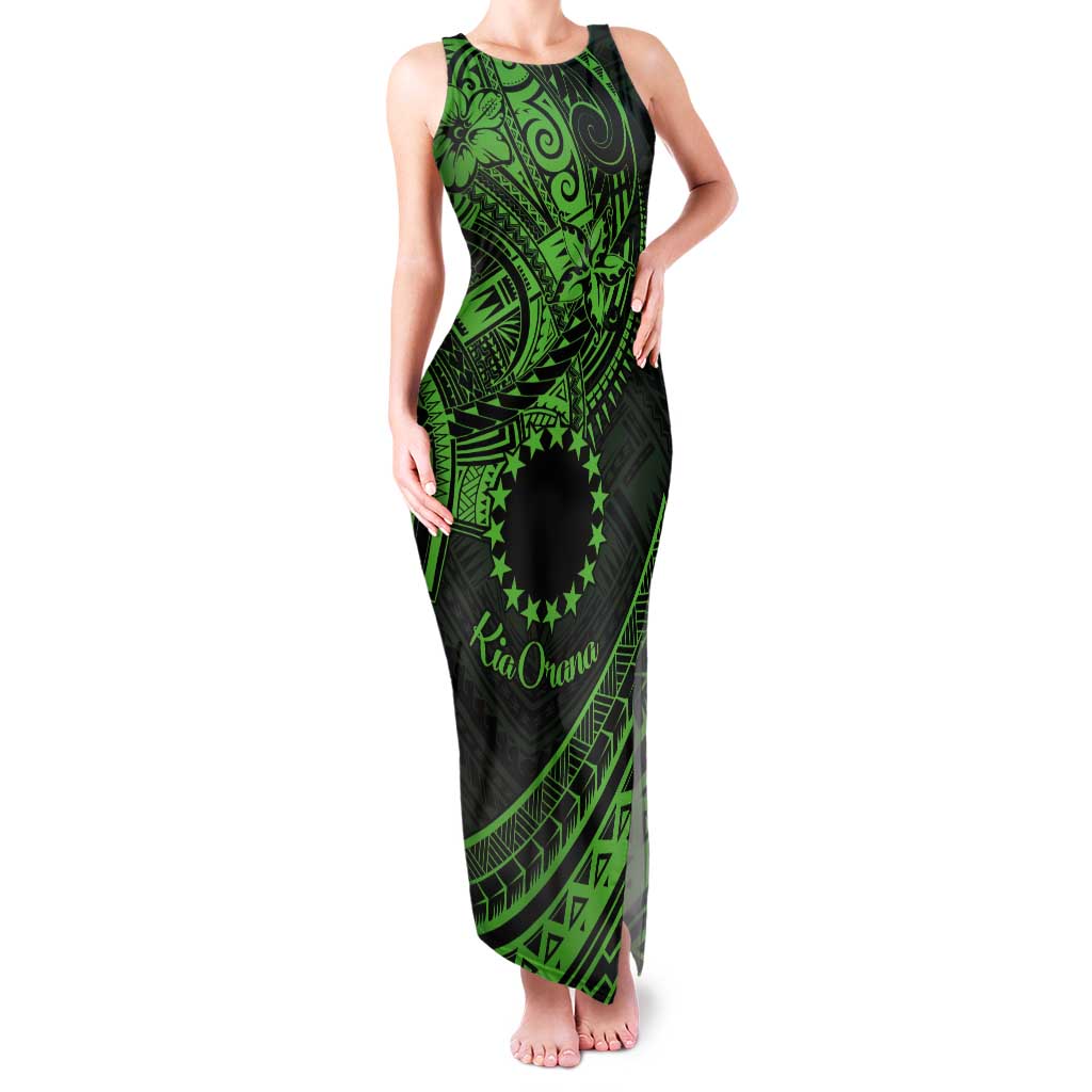 Kia Orana Cook Islands Tank Maxi Dress Circle Stars With Floral Green Pattern LT01