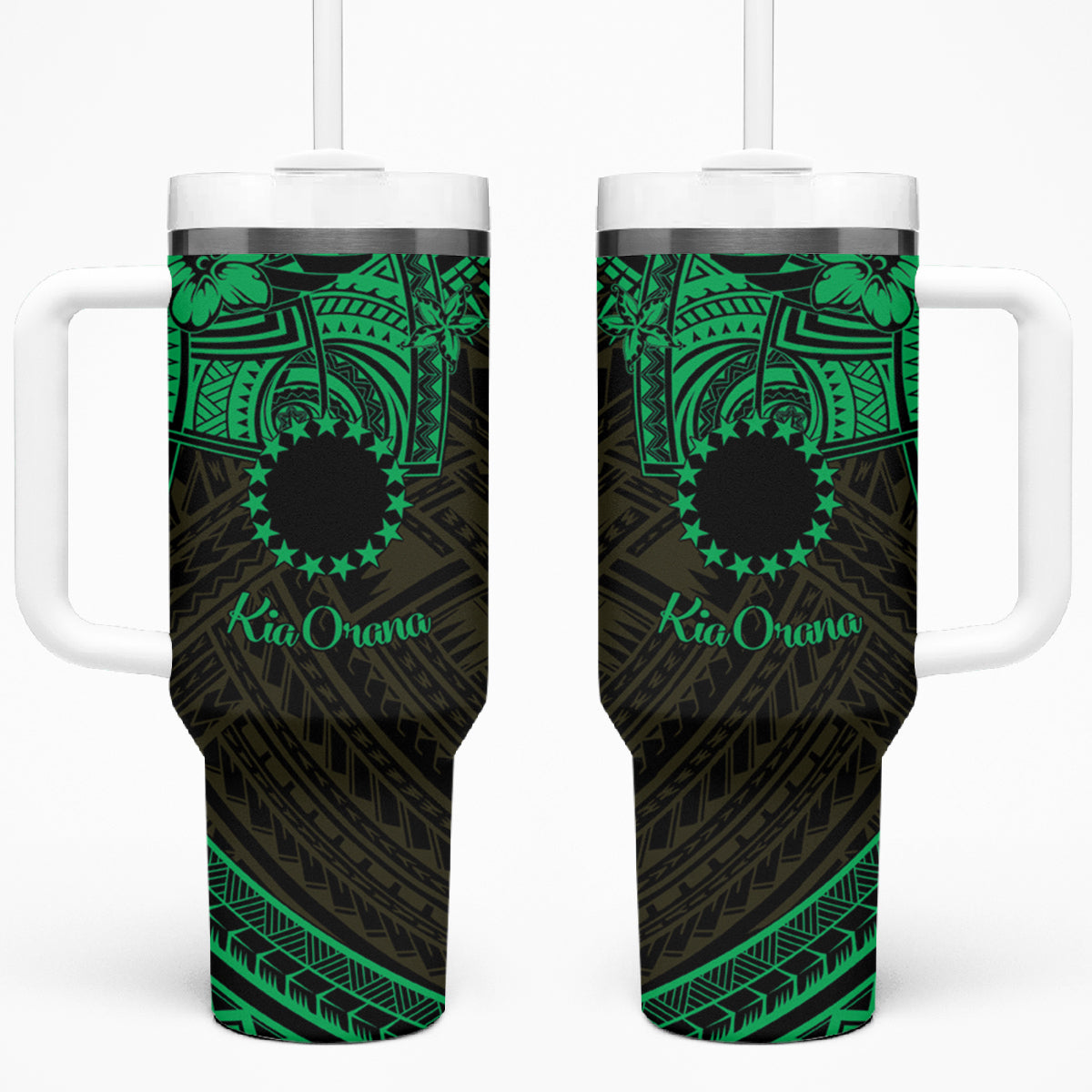 Kia Orana Cook Islands Tumbler With Handle Circle Stars With Floral Green Pattern