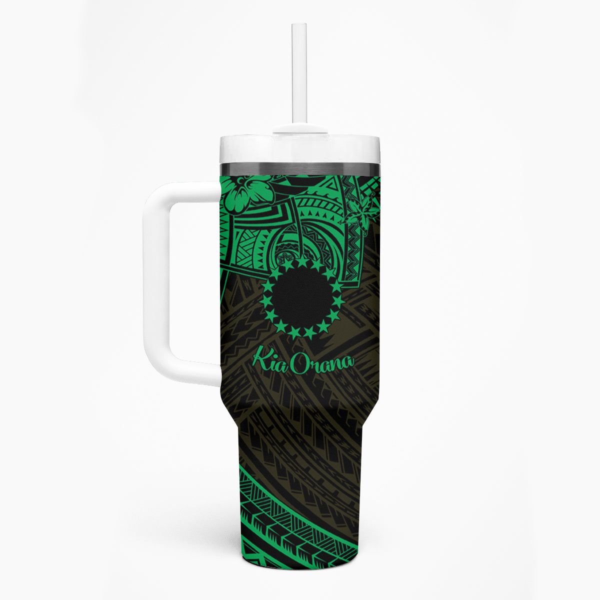 Kia Orana Cook Islands Tumbler With Handle Circle Stars With Floral Green Pattern