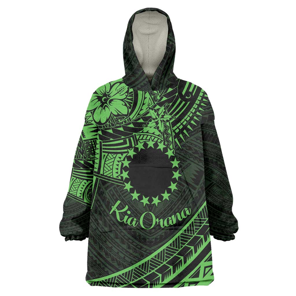 Kia Orana Cook Islands Wearable Blanket Hoodie Circle Stars With Floral Green Pattern LT01 One Size Green - Polynesian Pride