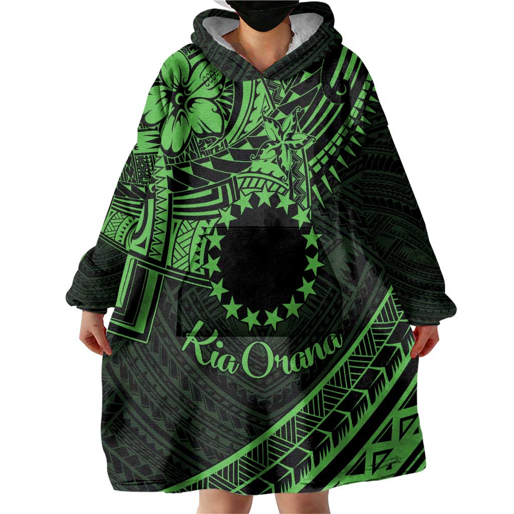 Kia Orana Cook Islands Wearable Blanket Hoodie Circle Stars With Floral Green Pattern LT01 - Polynesian Pride