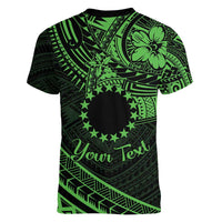 Kia Orana Cook Islands Women V Neck T Shirt Circle Stars With Floral Green Pattern LT01