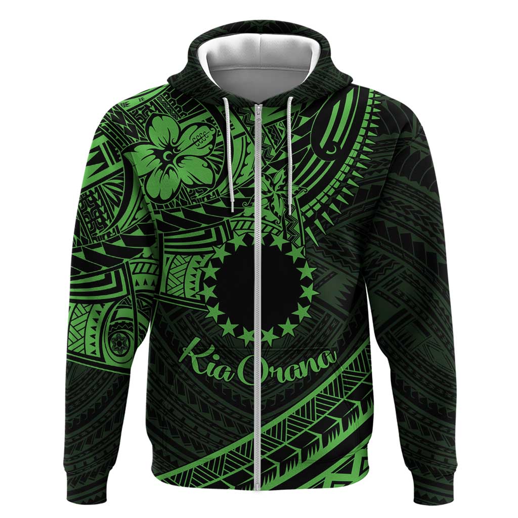 Kia Orana Cook Islands Zip Hoodie Circle Stars With Floral Green Pattern LT01