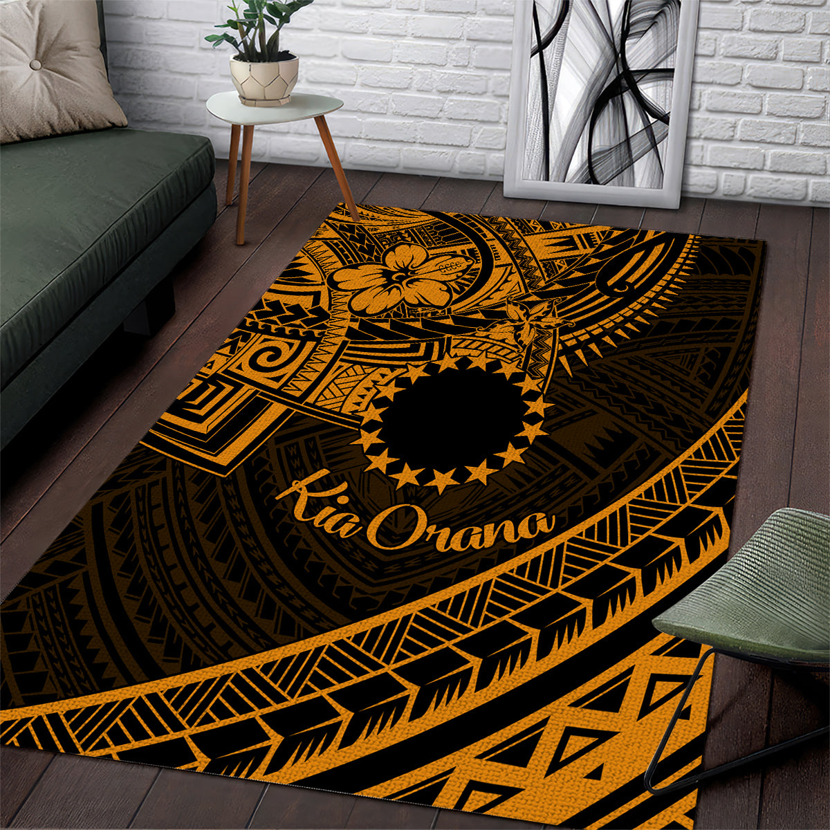 Kia Orana Cook Islands Area Rug Circle Stars With Floral Gold Pattern LT01 Gold - Polynesian Pride