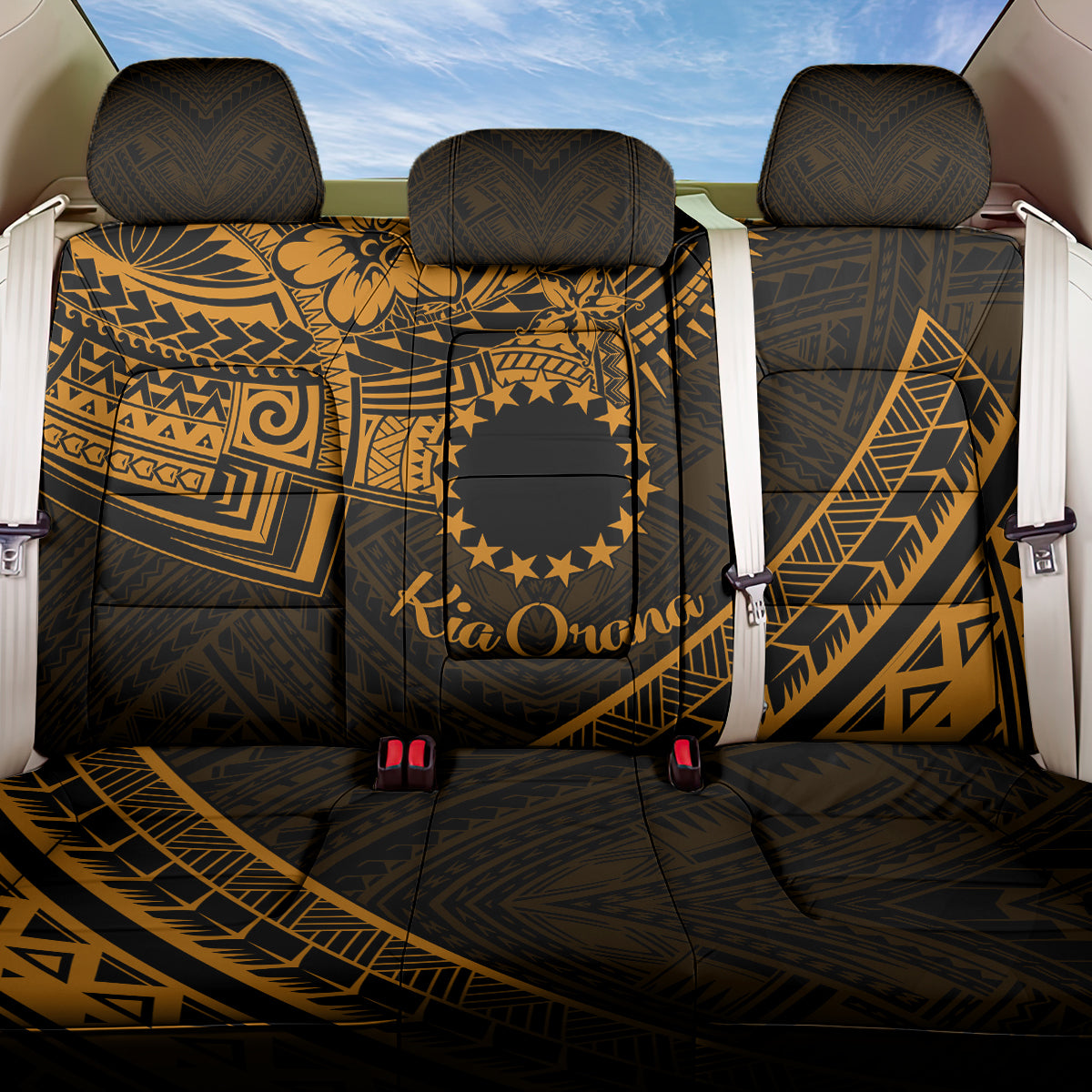 Kia Orana Cook Islands Back Car Seat Cover Circle Stars With Floral Gold Pattern LT01