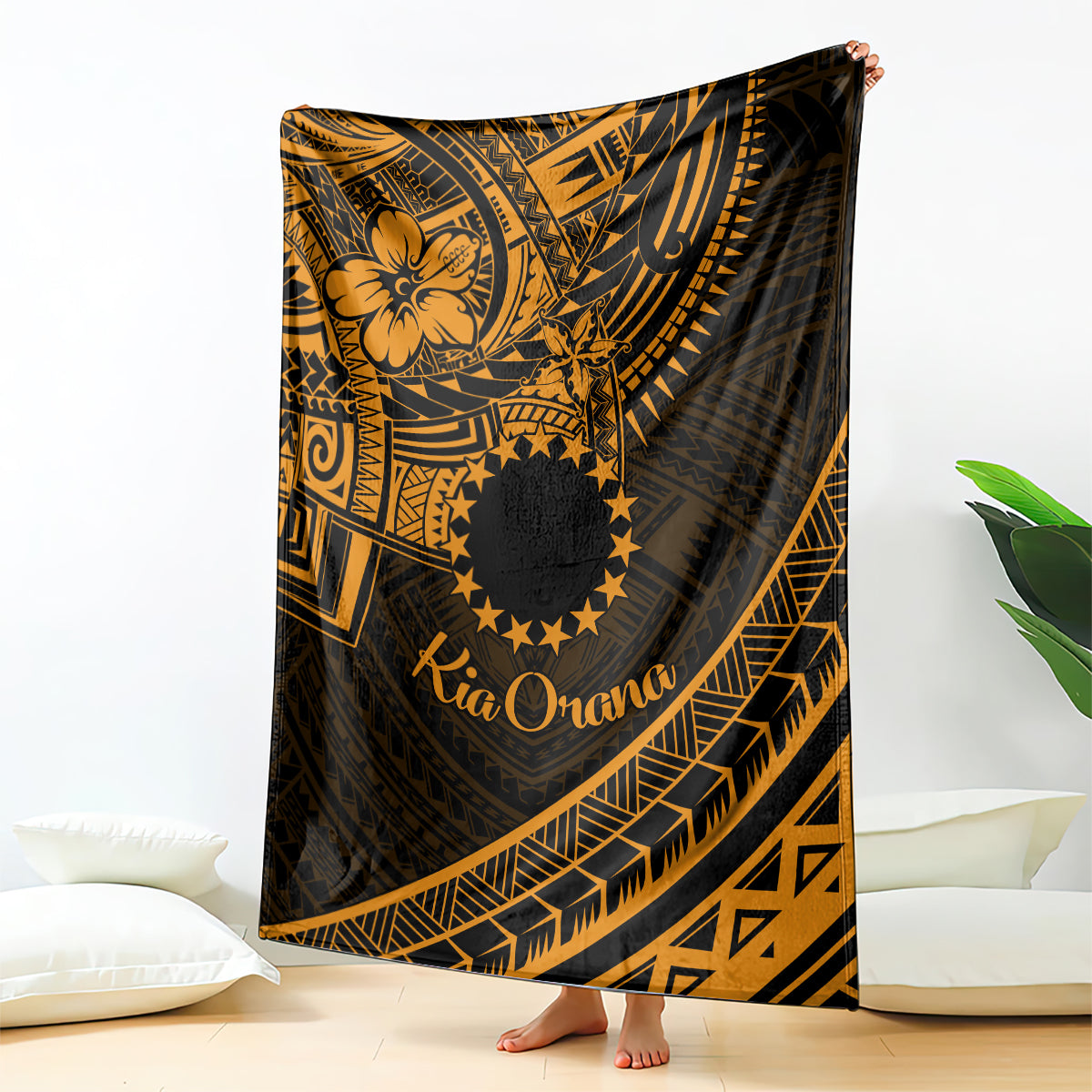 Kia Orana Cook Islands Blanket Circle Stars With Floral Gold Pattern LT01 Gold - Polynesian Pride