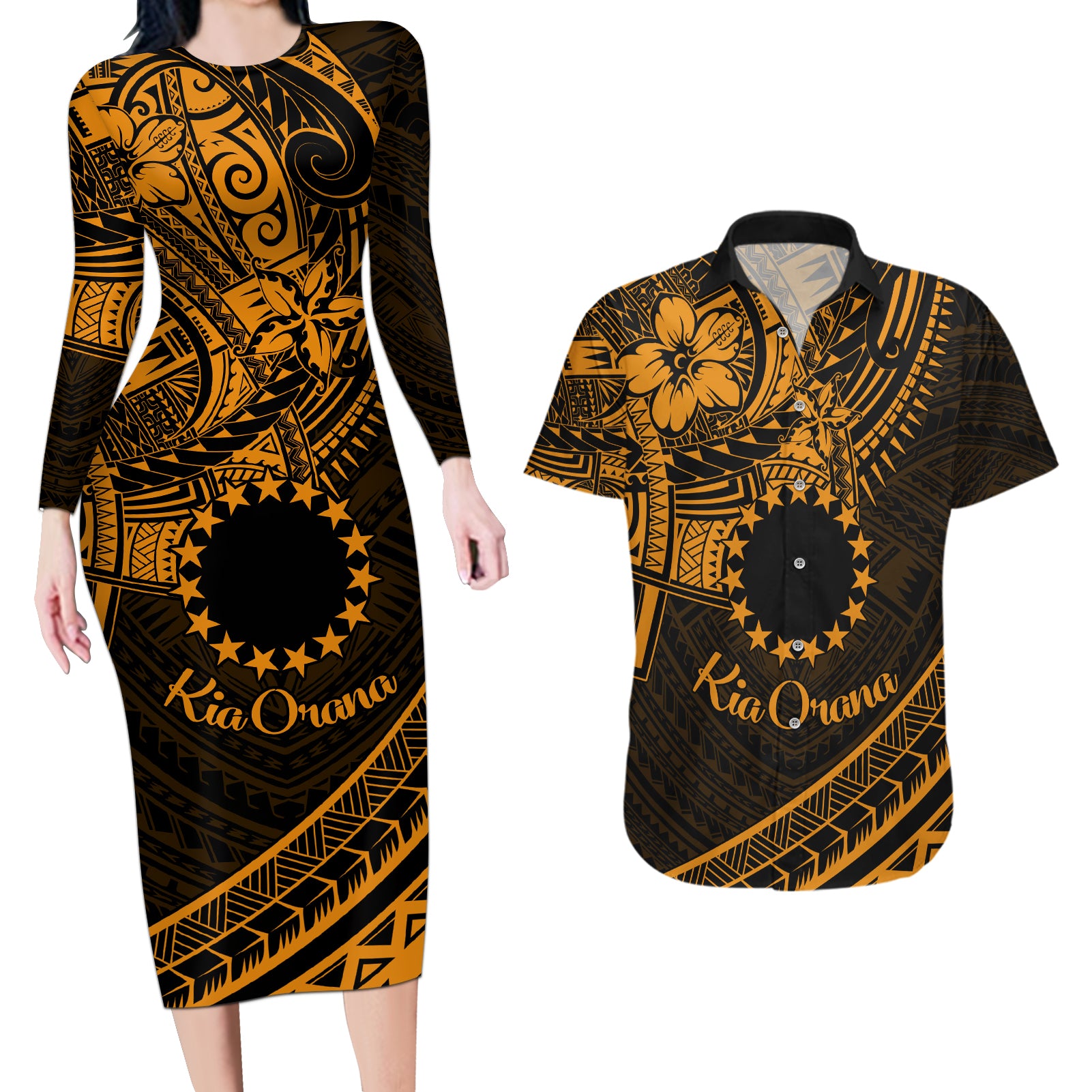 Kia Orana Cook Islands Couples Matching Long Sleeve Bodycon Dress and Hawaiian Shirt Circle Stars With Floral Gold Pattern LT01 Gold - Polynesian Pride