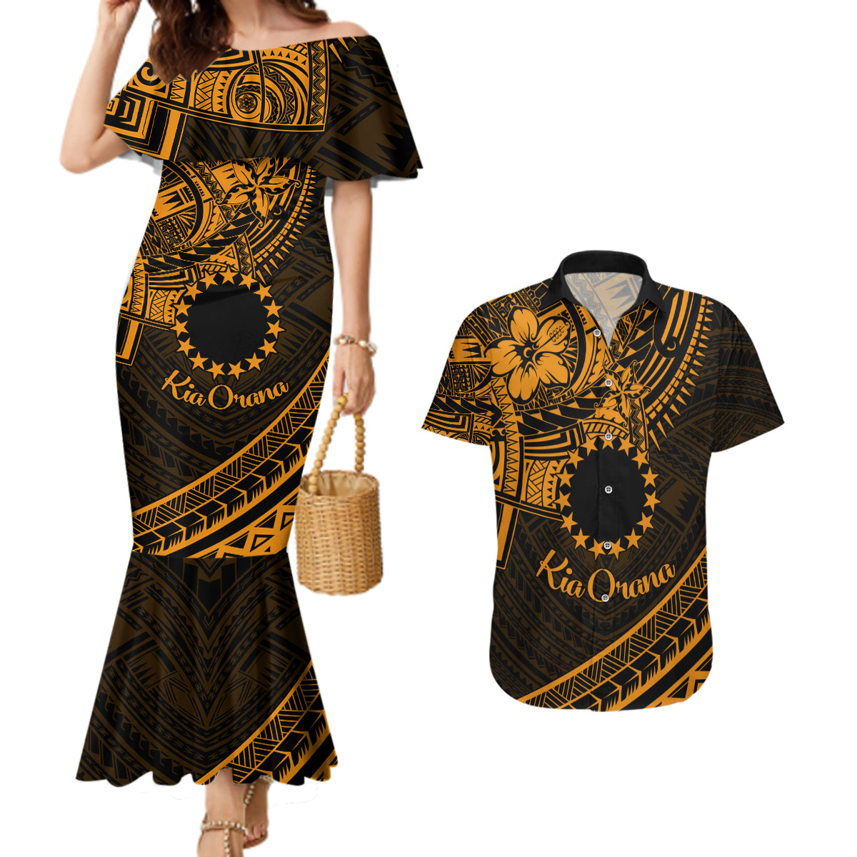 Kia Orana Cook Islands Couples Matching Mermaid Dress and Hawaiian Shirt Circle Stars With Floral Gold Pattern LT01 Gold - Polynesian Pride