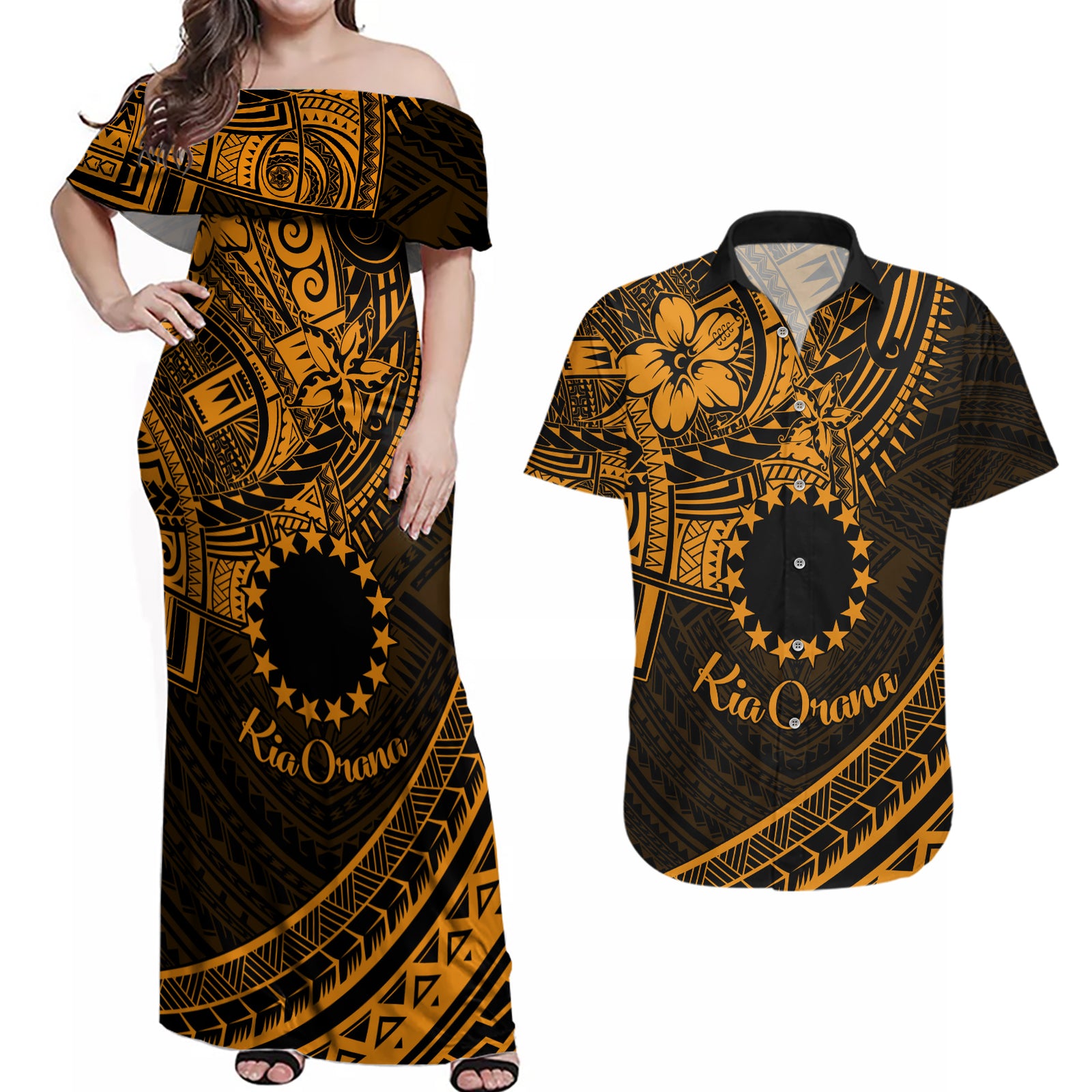 Kia Orana Cook Islands Couples Matching Off Shoulder Maxi Dress and Hawaiian Shirt Circle Stars With Floral Gold Pattern LT01 Gold - Polynesian Pride