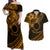 Kia Orana Cook Islands Couples Matching Off Shoulder Maxi Dress and Hawaiian Shirt Circle Stars With Floral Gold Pattern LT01 Gold - Polynesian Pride