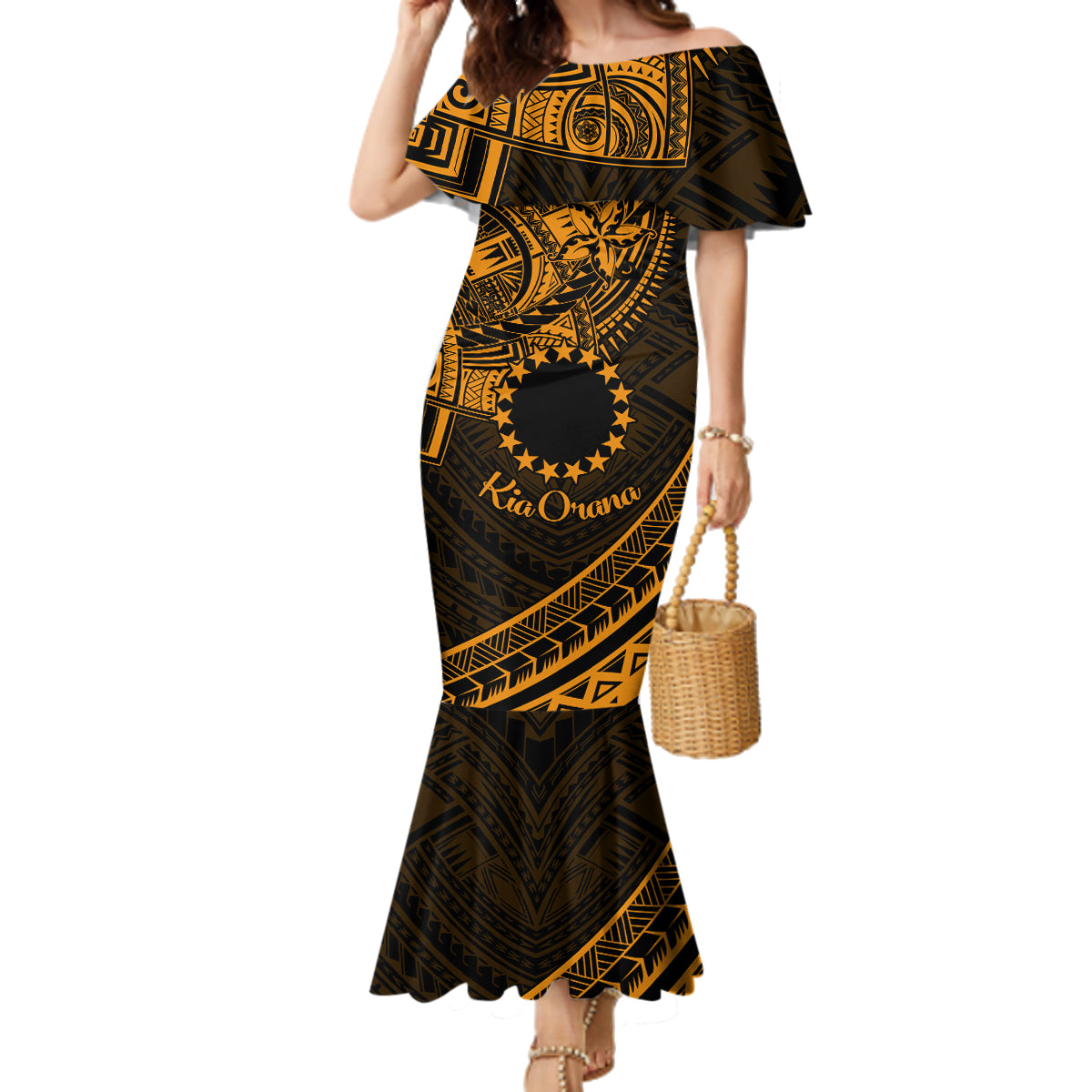 Kia Orana Cook Islands Family Matching Mermaid Dress and Hawaiian Shirt Circle Stars With Floral Gold Pattern LT01 Mom's Dress Gold - Polynesian Pride