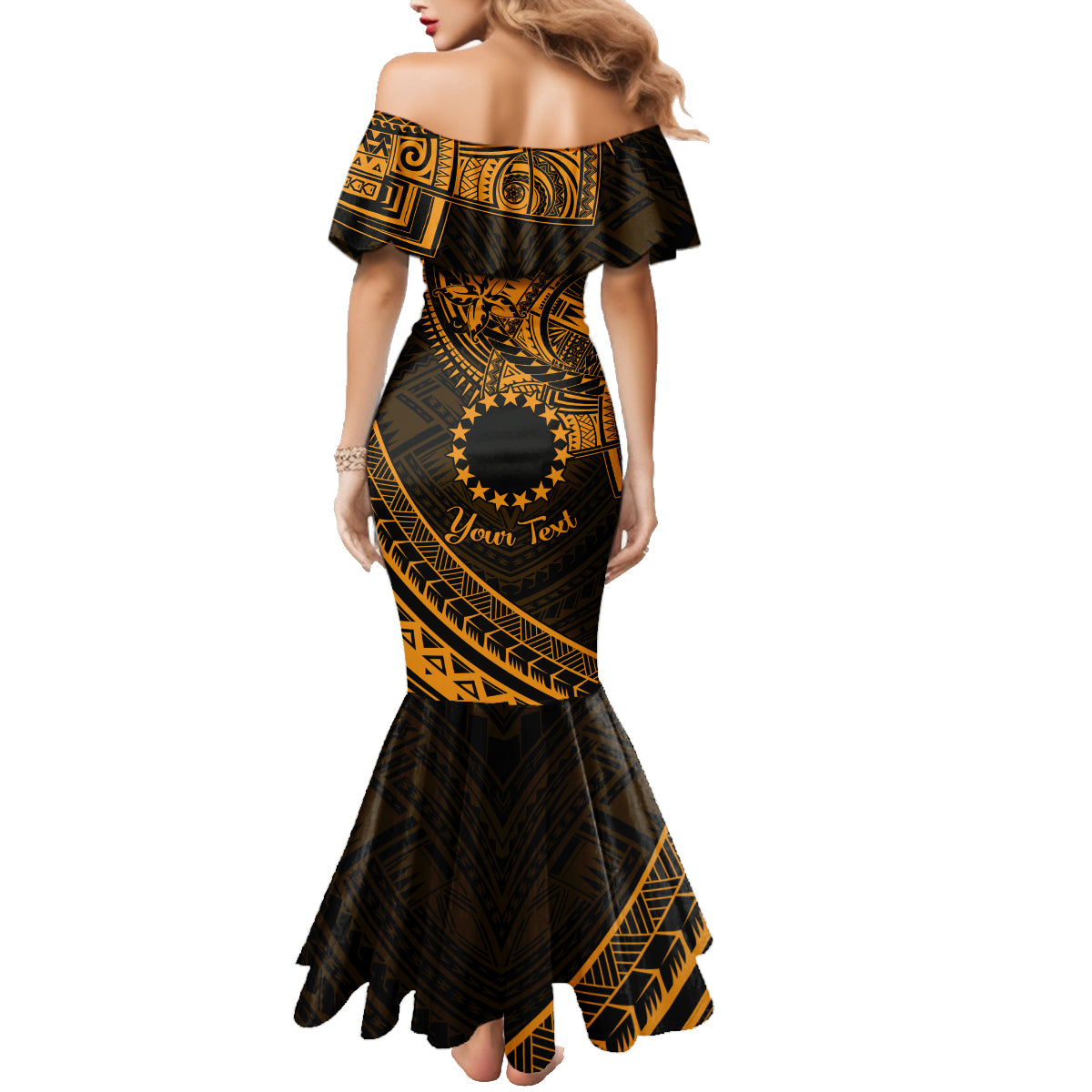 Kia Orana Cook Islands Family Matching Mermaid Dress and Hawaiian Shirt Circle Stars With Floral Gold Pattern LT01 - Polynesian Pride