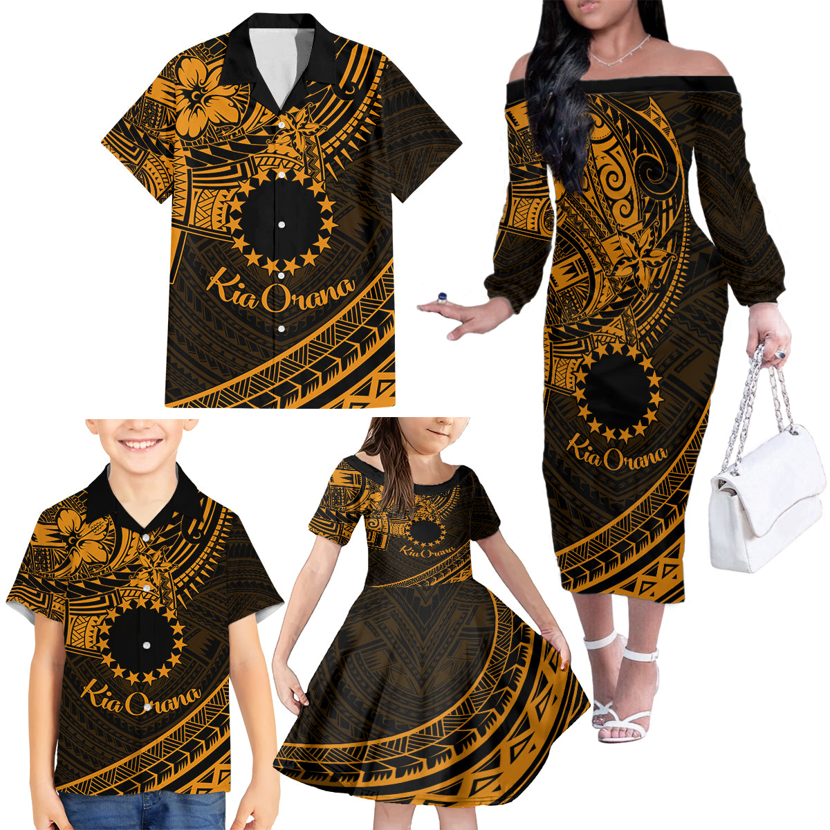 Kia Orana Cook Islands Family Matching Off Shoulder Long Sleeve Dress and Hawaiian Shirt Circle Stars With Floral Gold Pattern LT01 - Polynesian Pride