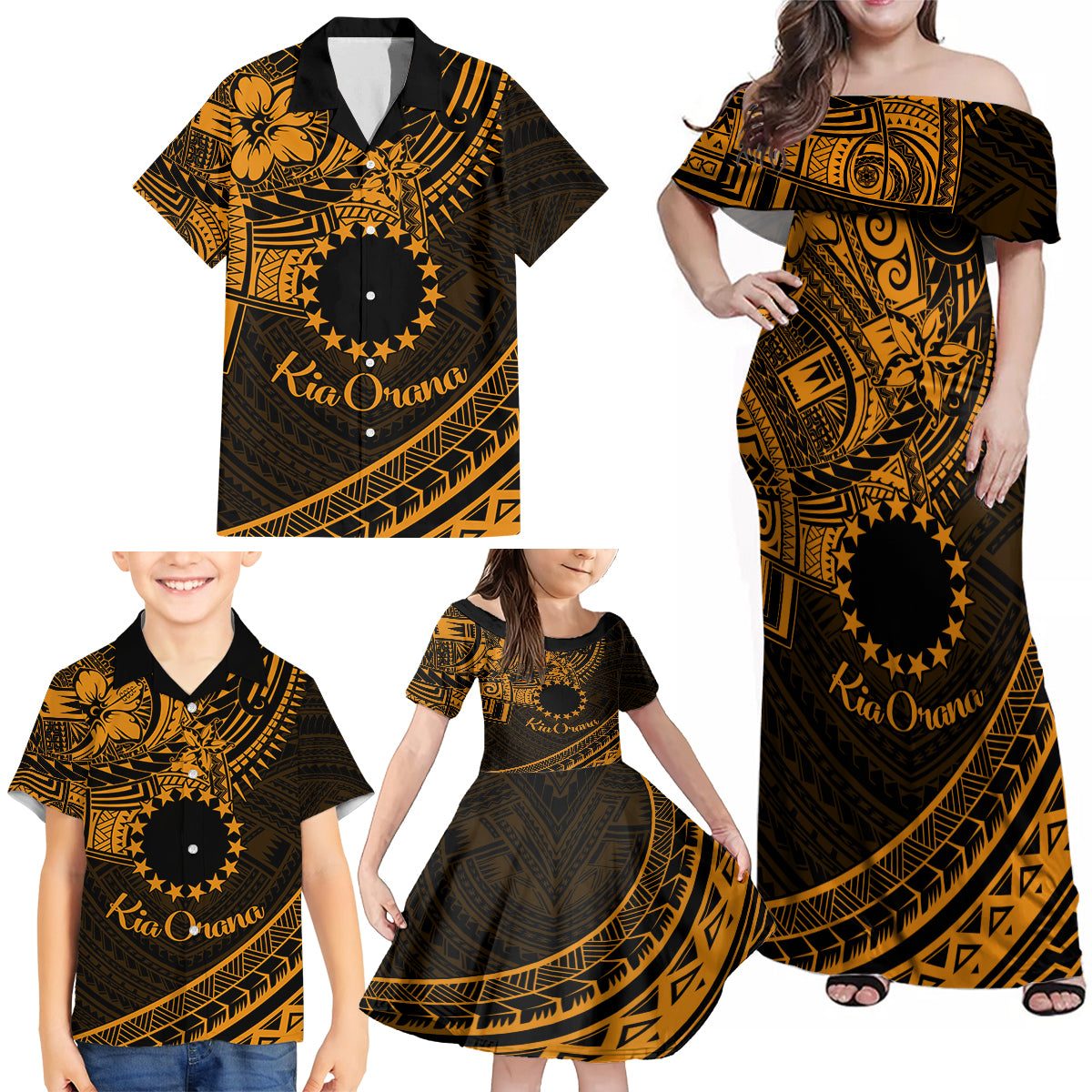 Kia Orana Cook Islands Family Matching Off Shoulder Maxi Dress and Hawaiian Shirt Circle Stars With Floral Gold Pattern LT01 - Polynesian Pride