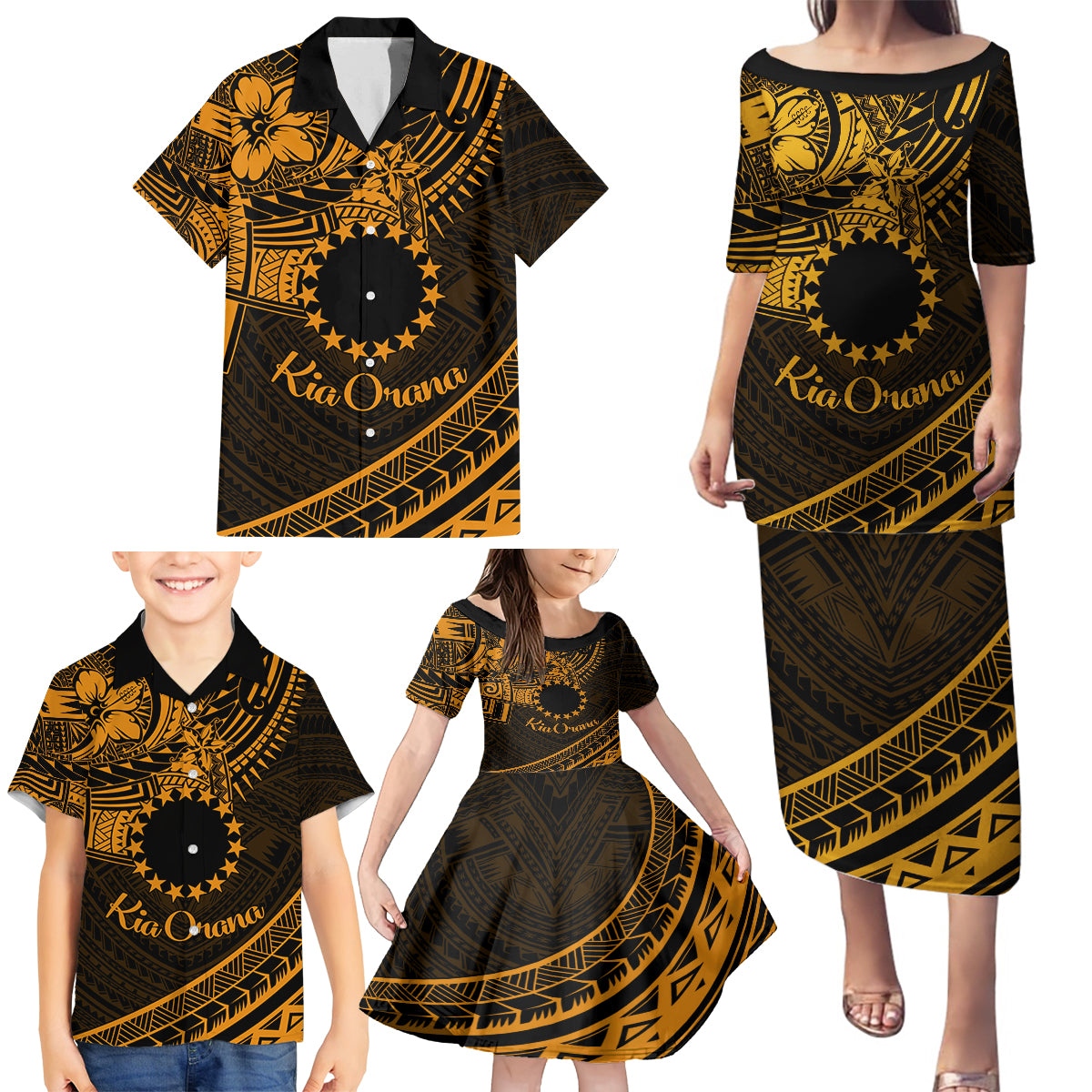 Kia Orana Cook Islands Family Matching Puletasi Dress and Hawaiian Shirt Circle Stars With Floral Gold Pattern LT01 - Polynesian Pride