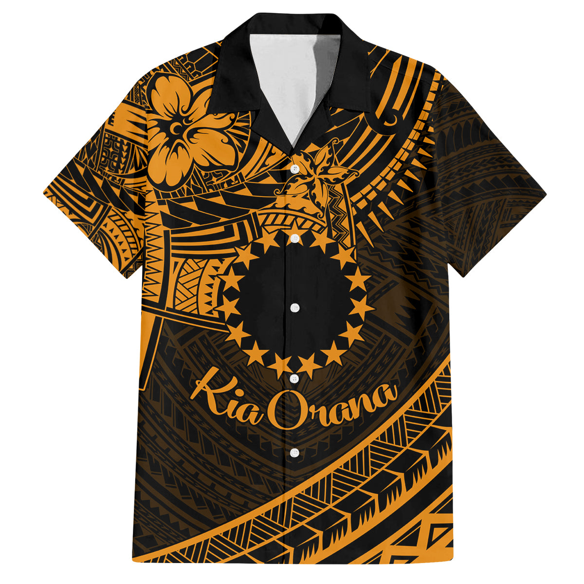 Kia Orana Cook Islands Family Matching Puletasi Dress and Hawaiian Shirt Circle Stars With Floral Gold Pattern LT01 Dad's Shirt - Short Sleeve Gold - Polynesian Pride