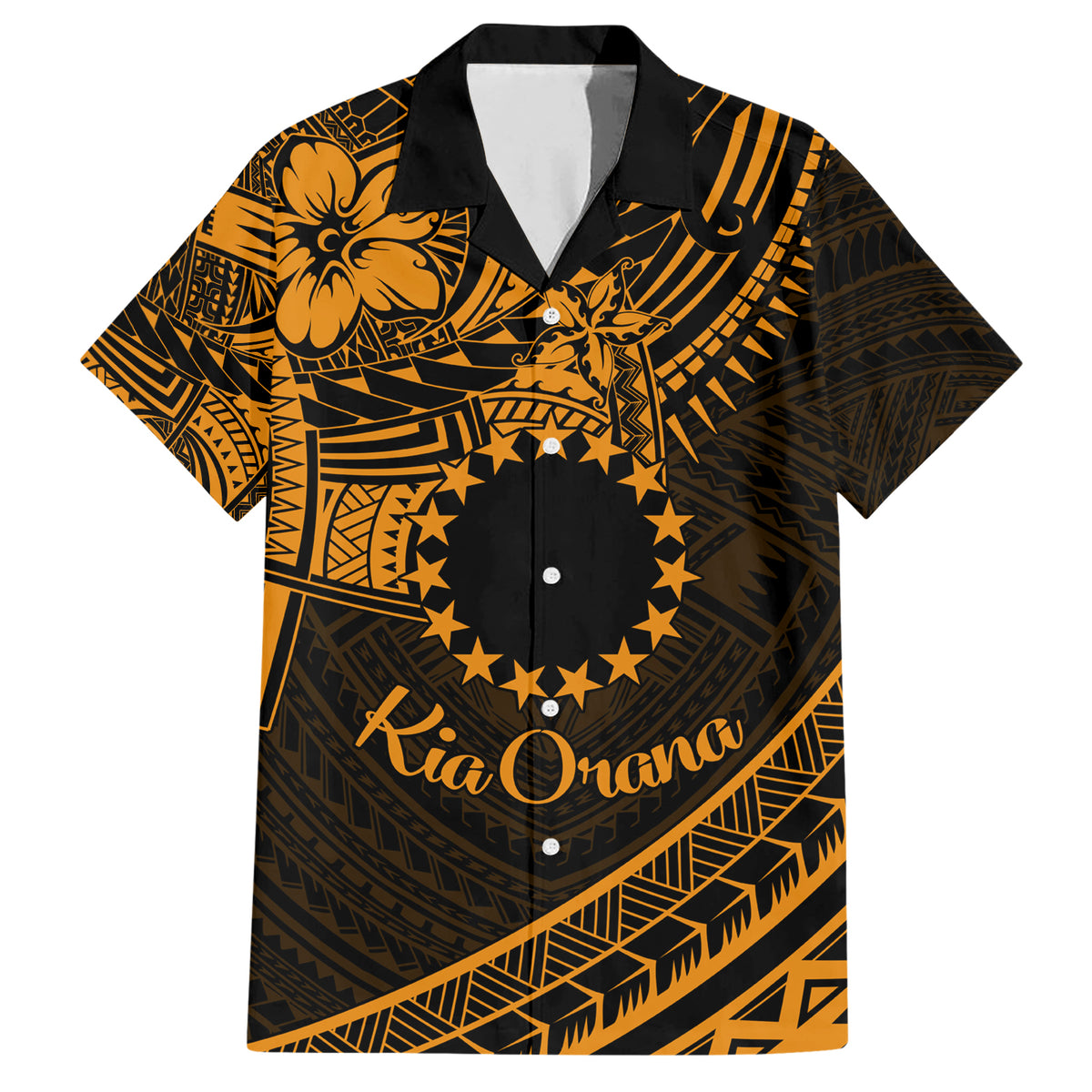 Kia Orana Cook Islands Family Matching Short Sleeve Bodycon Dress and Hawaiian Shirt Circle Stars With Floral Gold Pattern LT01 Dad's Shirt - Short Sleeve Gold - Polynesian Pride