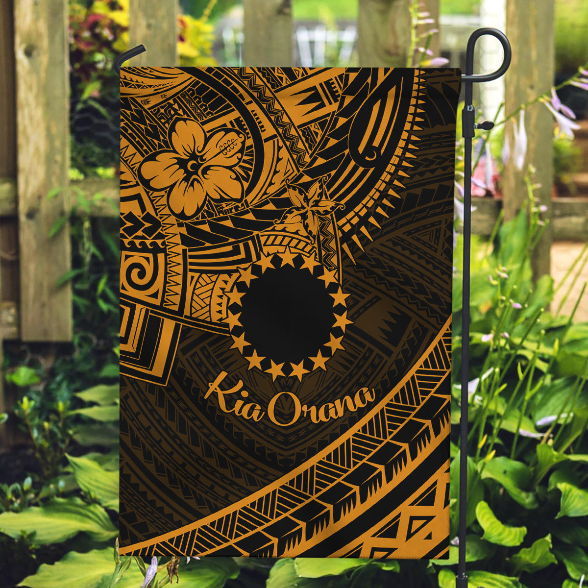 Kia Orana Cook Islands Garden Flag Circle Stars With Floral Gold Pattern LT01 Garden Flag Gold - Polynesian Pride