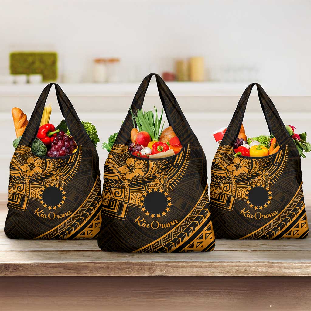 Kia Orana Cook Islands Grocery Bag Circle Stars With Floral Gold Pattern LT01 3-pack One Size Gold - Polynesian Pride