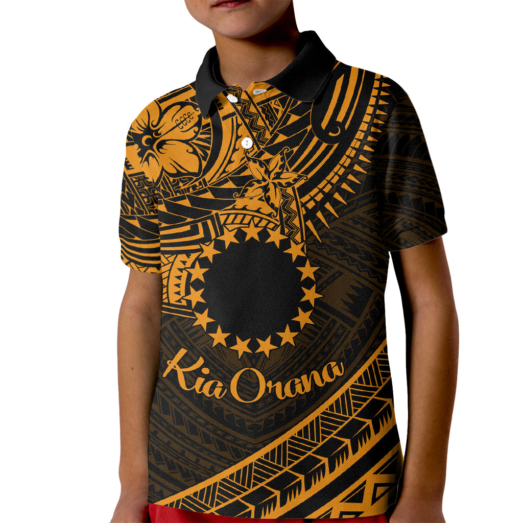 Kia Orana Cook Islands Kid Polo Shirt Circle Stars With Floral Gold Pattern LT01 Kid Gold - Polynesian Pride