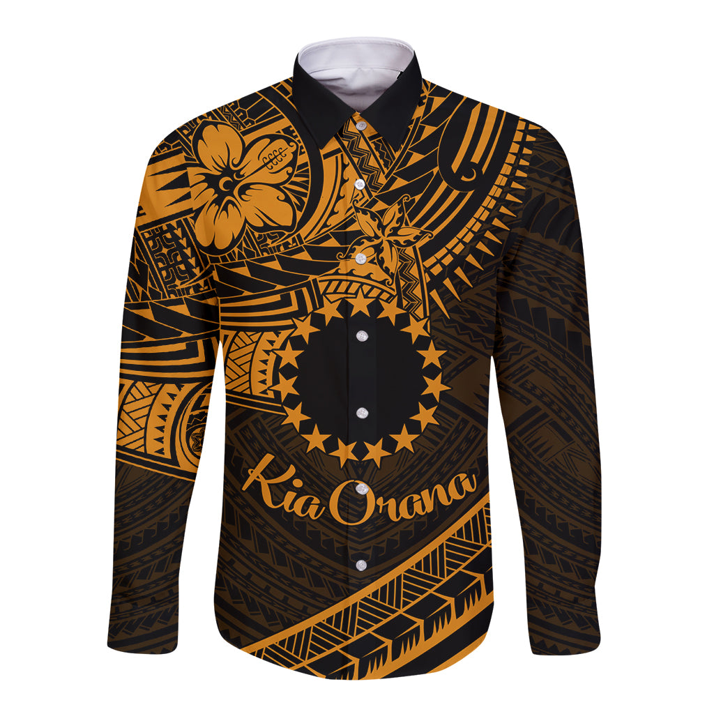 Kia Orana Cook Islands Long Sleeve Button Shirt Circle Stars With Floral Gold Pattern LT01 Unisex Gold - Polynesian Pride