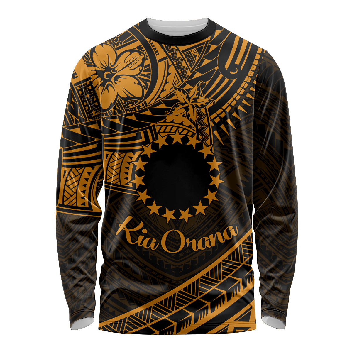 Kia Orana Cook Islands Long Sleeve Shirt Circle Stars With Floral Gold Pattern LT01 Unisex Gold - Polynesian Pride