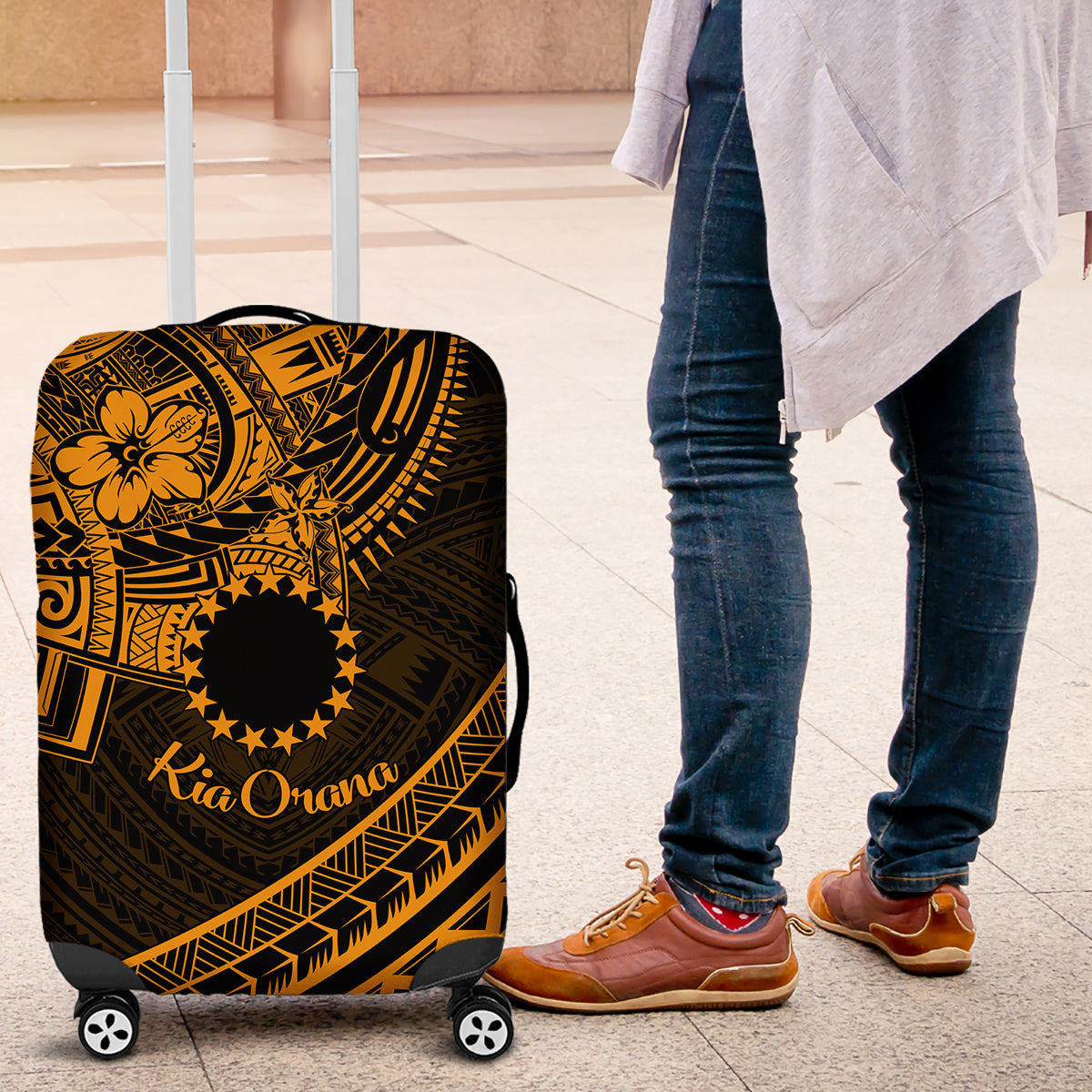 Kia Orana Cook Islands Luggage Cover Circle Stars With Floral Gold Pattern LT01 Gold - Polynesian Pride