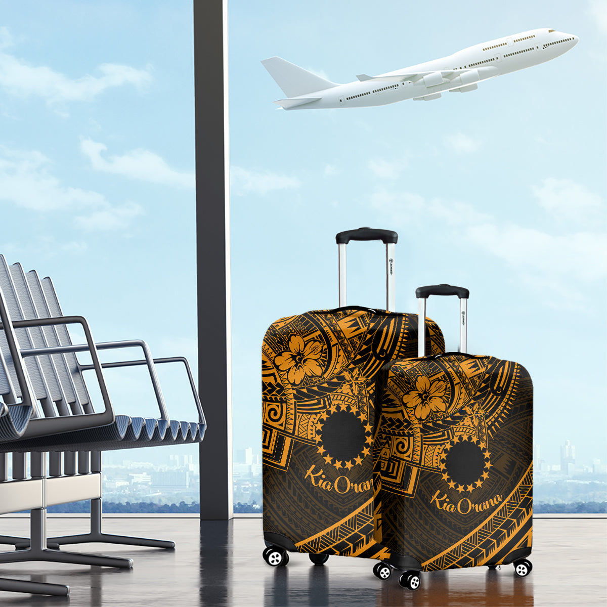 Kia Orana Cook Islands Luggage Cover Circle Stars With Floral Gold Pattern LT01 - Polynesian Pride