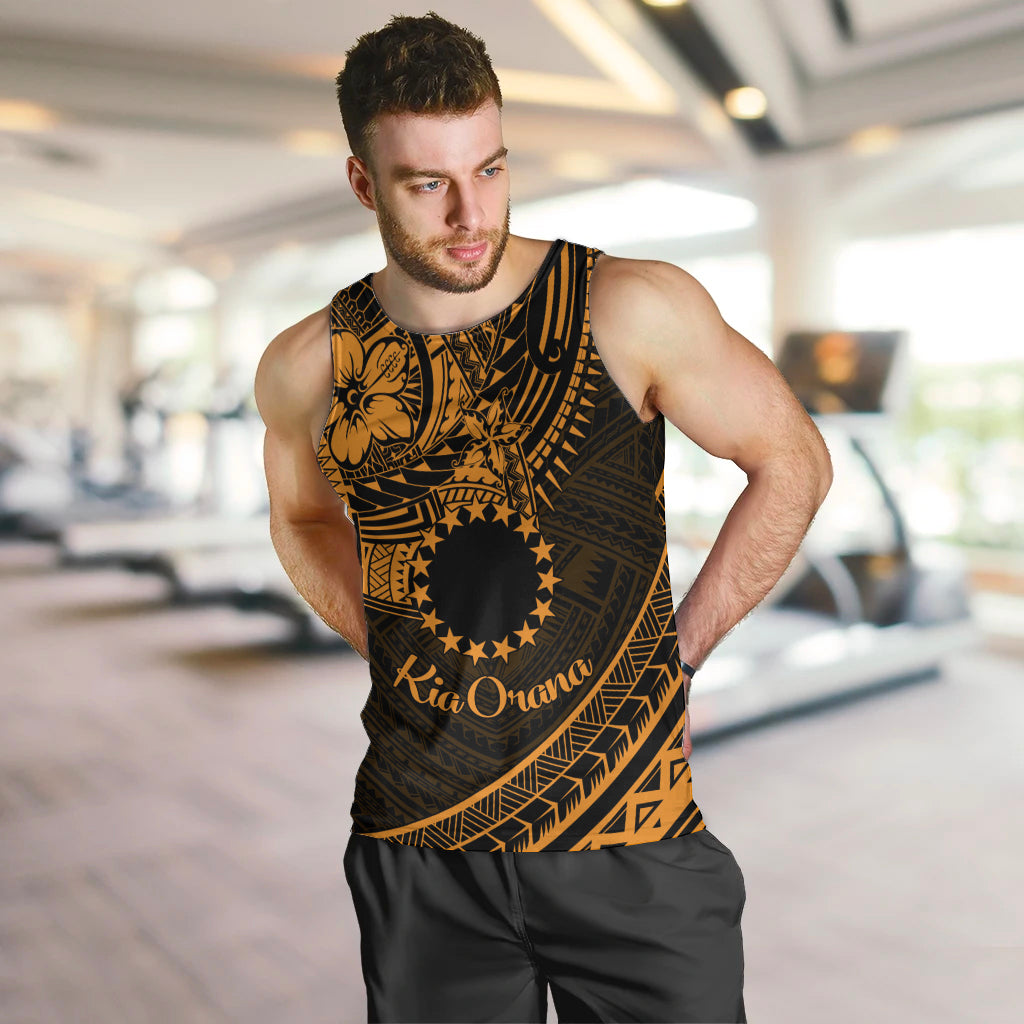 Kia Orana Cook Islands Men Tank Top Circle Stars With Floral Gold Pattern LT01 Gold - Polynesian Pride