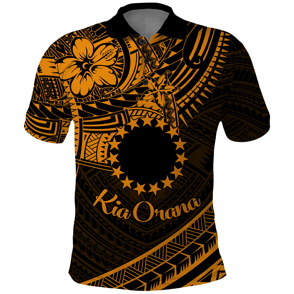 Kia Orana Cook Islands Polo Shirt Circle Stars With Floral Gold Pattern LT01 Gold - Polynesian Pride