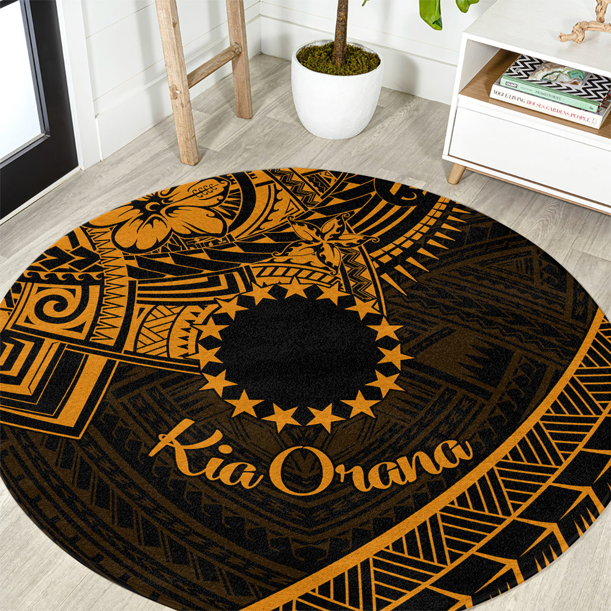 Kia Orana Cook Islands Round Carpet Circle Stars With Floral Gold Pattern LT01 Gold - Polynesian Pride