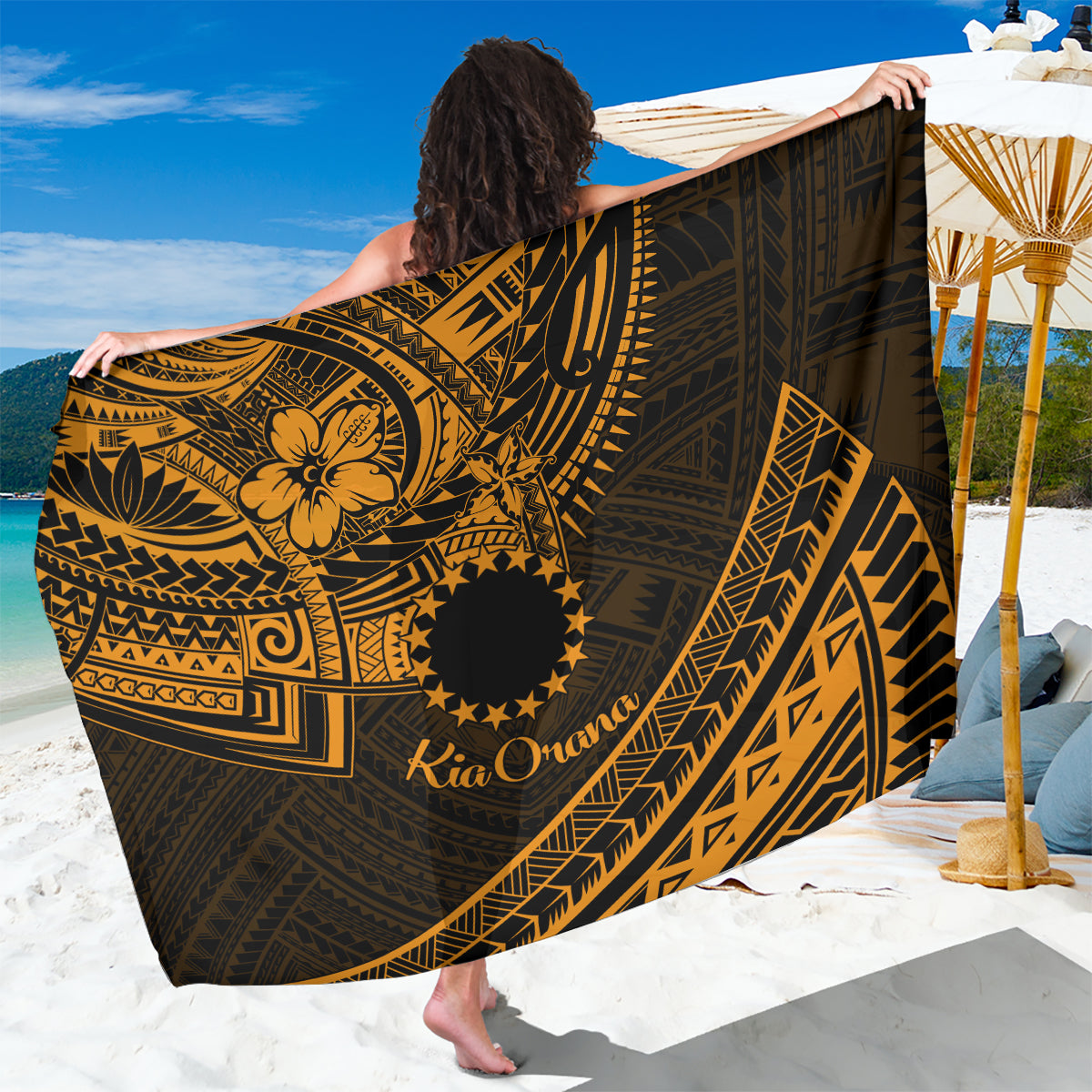 Kia Orana Cook Islands Sarong Circle Stars With Floral Gold Pattern LT01 One Size 44 x 66 inches Gold - Polynesian Pride