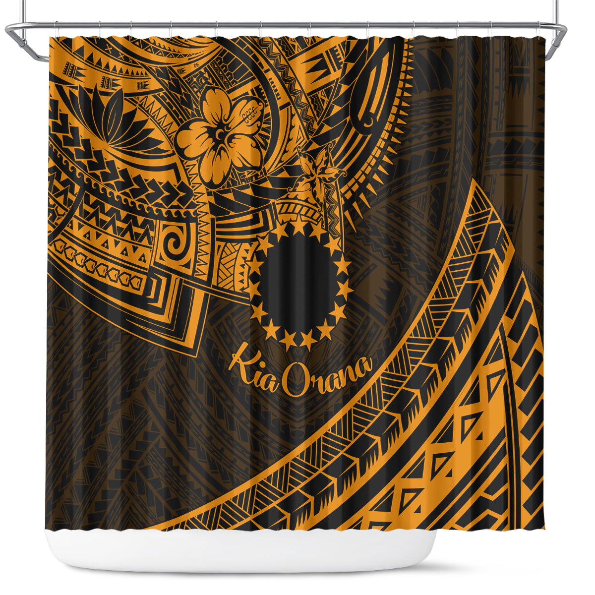 Kia Orana Cook Islands Shower Curtain Circle Stars With Floral Gold Pattern LT01 Gold - Polynesian Pride