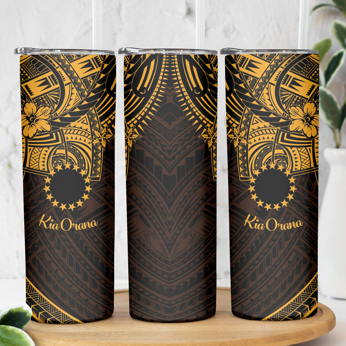 Kia Orana Cook Islands Skinny Tumbler Circle Stars With Floral Gold Pattern