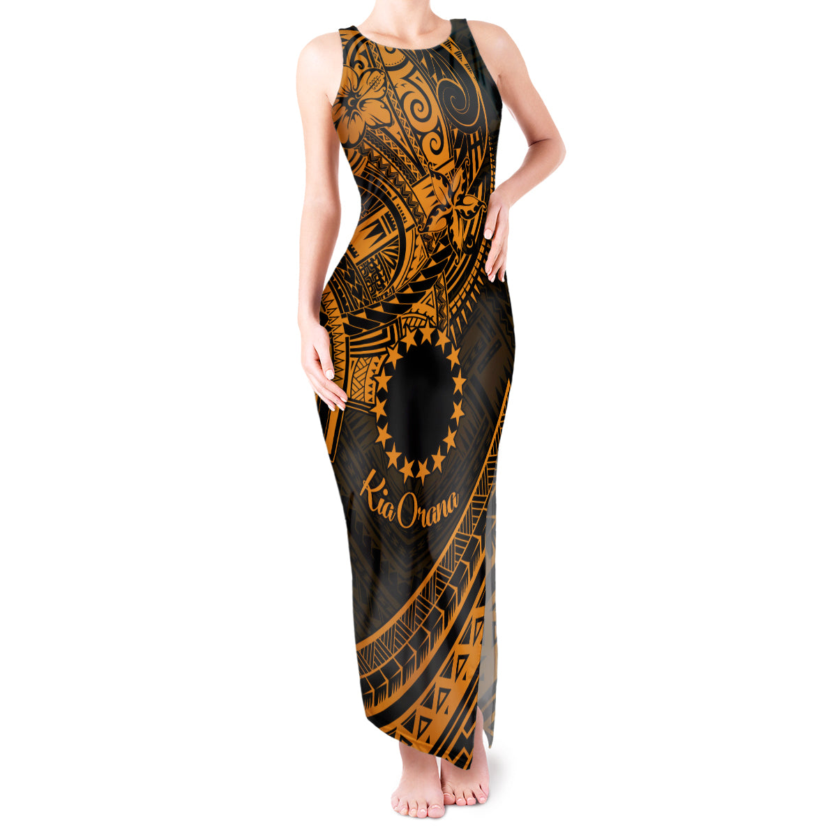 Kia Orana Cook Islands Tank Maxi Dress Circle Stars With Floral Gold Pattern LT01 Women Gold - Polynesian Pride