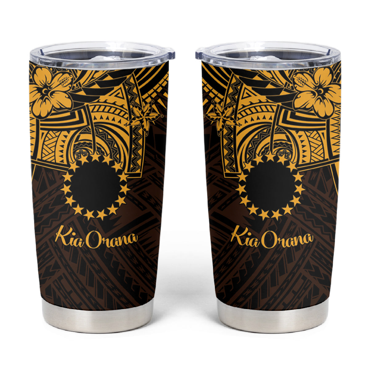 Kia Orana Cook Islands Tumbler Cup Circle Stars With Floral Gold Pattern